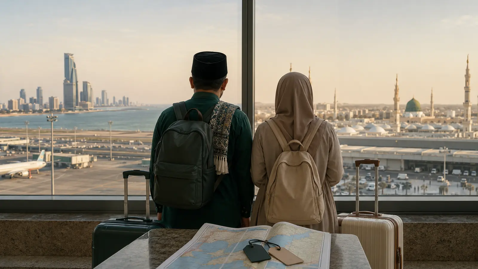 Dua jamaah dari belakang sedang mempertimbangkan rute masuk Madinah atau Jeddah