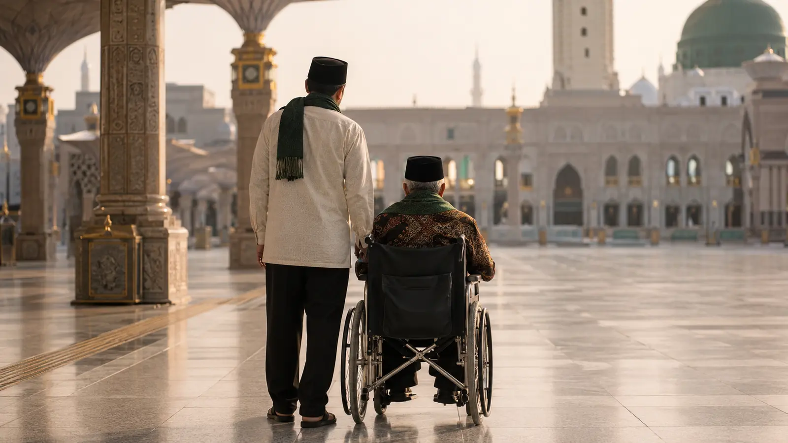Lansia Indonesia didampingi keluarga dengan kursi roda di halaman masjid